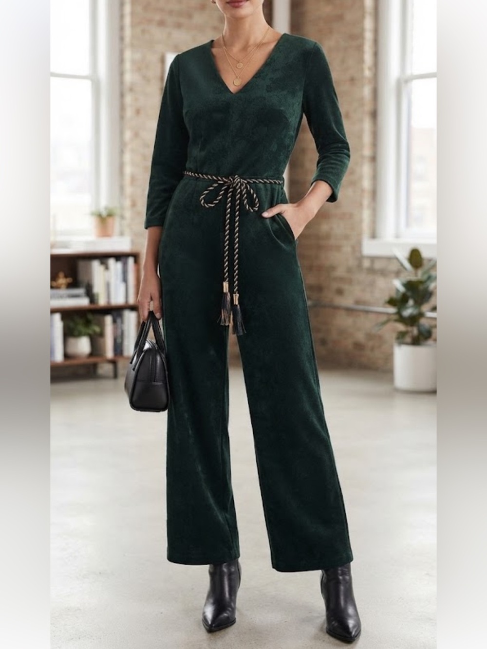 Soft Surroundings Leelah Dark Green Embossed Velvet wide leg tassel Jumpsuit S